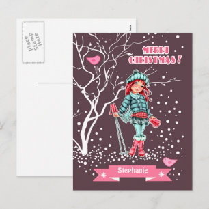 Young Girl Skier Eigen naam kerstmis Feestdagenkaart