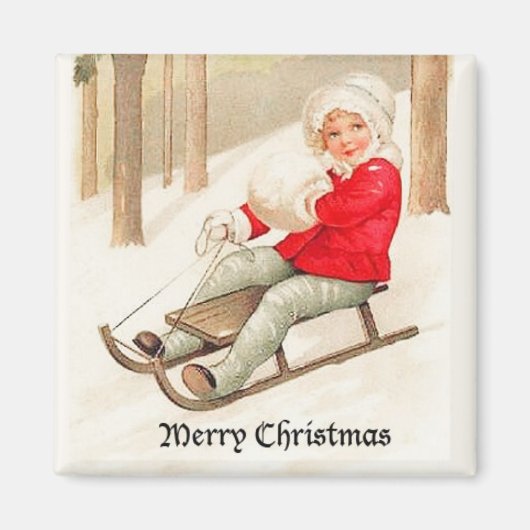 Young Girl Sledding Magnet Magneet (Voorkant)