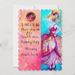 YOUNG GIRL SWEET 16 PARTIJ, Roze monogram met spaa Kaart