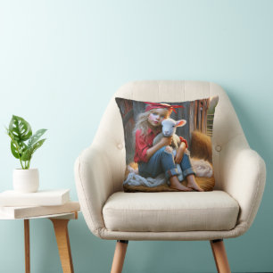 Young Girl With Newborn Lamb Kussen