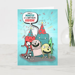 Young Godson Birthday Monsters Cartoon Style Feestdagen Kaart
