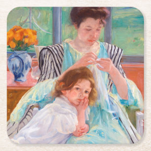 Young Moeder Sewing, Mary Cassatt Vierkante Kartonnen Onderzetter