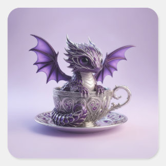 Young Purple & White Fairmont Dragon In A Tea Cup Vierkante Sticker