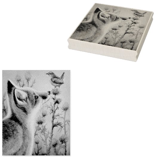 Young Red Fox & Carolina Wren Bird Waterverf Art Rubberstempel (Gestempeld)