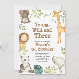 Young Wild and Three Animal Birthday Invitation Kaart