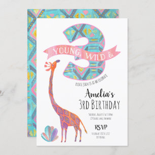 Young Wild and Three Birthday Invitation Kaart