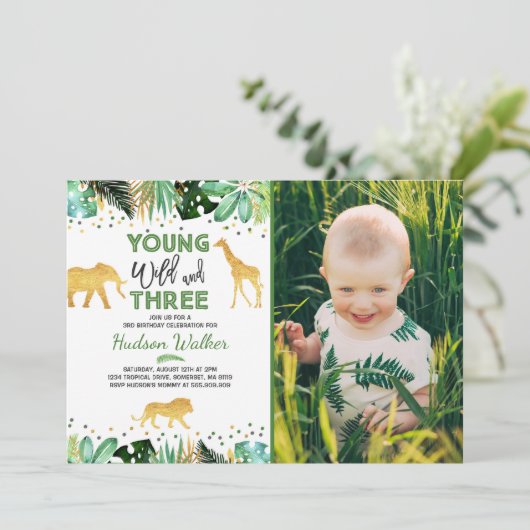 Young Wild and Three Birthday Invitation Oerwoud Kaart (Staand voorkant)