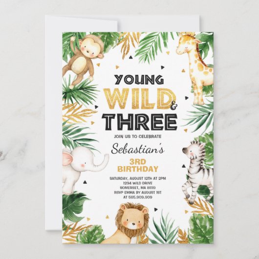Young Wild and Three Birthday Invite Safari Party Kaart (Voorkant)