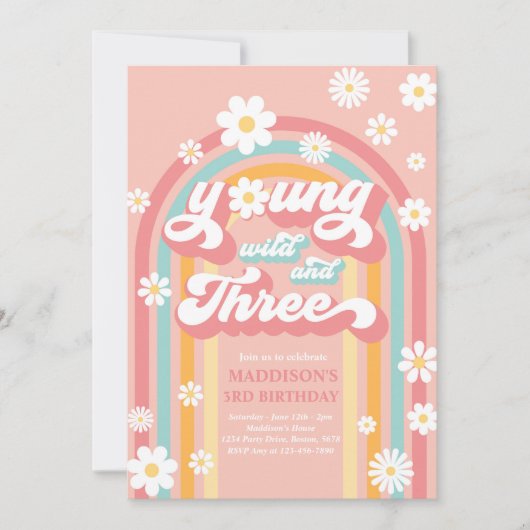 Young Wild and Three Boho Daisy Rainbow Birthday Kaart (Voorkant)