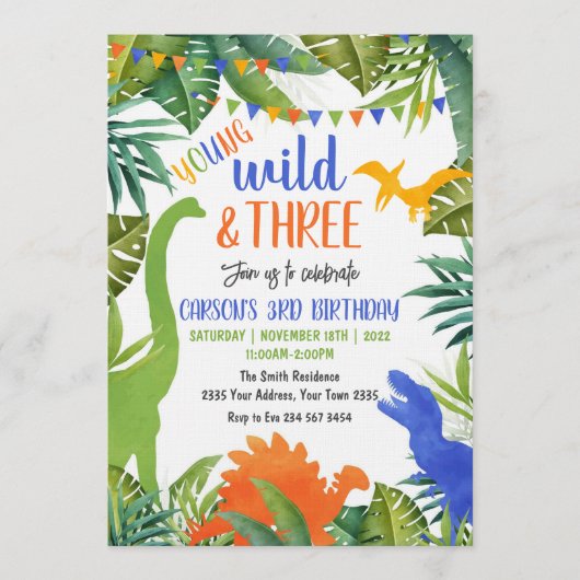 Young Wild and Three Dinosaur Birthday Kaart (Voorkant)