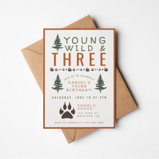 Young Wild and Three Forest Birthday Invitation Kaart