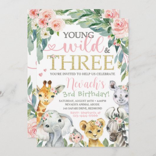 Young Wild and Three Invitation | Safari Birthday Kaart (Voorkant / Achterkant)