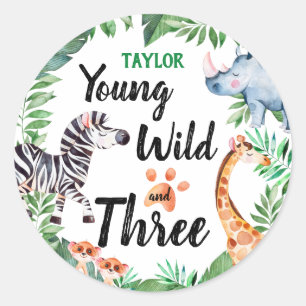 Young Wild and Three Safari Animal 3rd Birthday Ronde Sticker