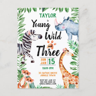 Young Wild and Three Safari Animal 3rd Birthday Uitnodiging Briefkaart