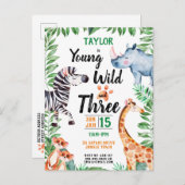 Young Wild and Three Safari Animal 3rd Birthday Uitnodiging Briefkaart (Voorkant / Achterkant)