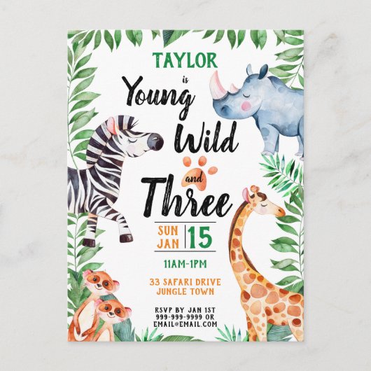 Young Wild and Three Safari Animal 3rd Birthday Uitnodiging Briefkaart (Voorkant)
