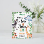 Young Wild and Three Safari Animal 3rd Birthday Uitnodiging Briefkaart (Staand voorkant)