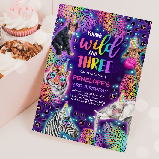 Young Wild and Three Safari Neon Cheetah Birthday Kaart