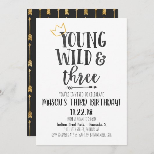 Young Wild and Three Third Birthday Invitation Kaart (Voorkant / Achterkant)