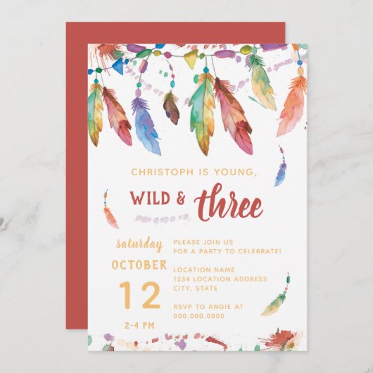 Young Wild and Three/Third Birthday Invitation Kaart (Voorkant / Achterkant)