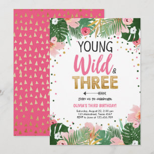 Young Wild and Three Tropical Safari Girl Birthday Kaart