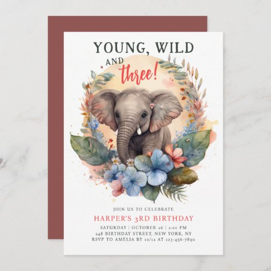 Young Wild Drie 3rd Birthday Kinder Cute Elephant Kaart (Voorkant / Achterkant)