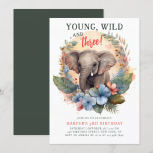 Young Wild Drie 3rd Birthday Kinder Cute Elephant Kaart