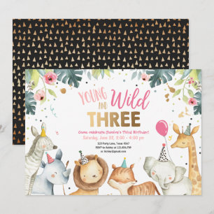 Young Wild en drie Safari Girl Dieren Verjaardag Kaart