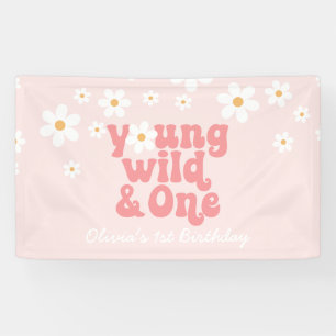 Young Wild One retro Daisy Pink verjaardagbank Spandoek
