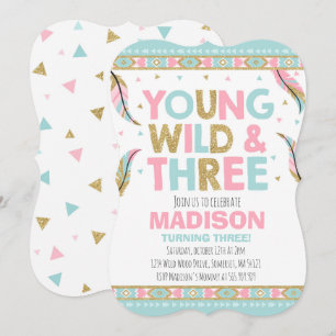 Young Wild & Three Birthday Invitation Wild Party Kaart