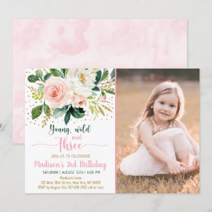 Young Wild & Three Boho Floral Pink Gold Birthday Kaart