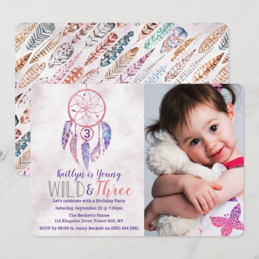Young, Wild & Three Boho Photo Birthday Invitation Kaart (Voorkant / Achterkant)