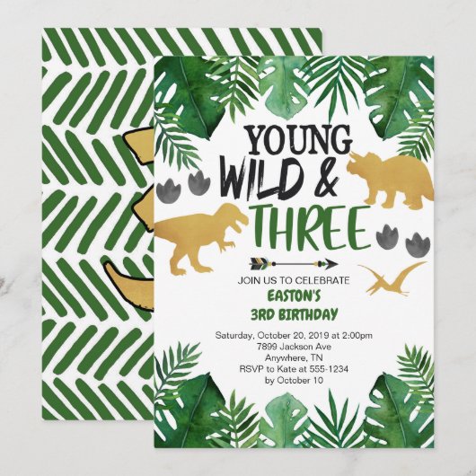 Young Wild & Three Dinosaur 3e Invitation d'annive (Devant / Derrière)