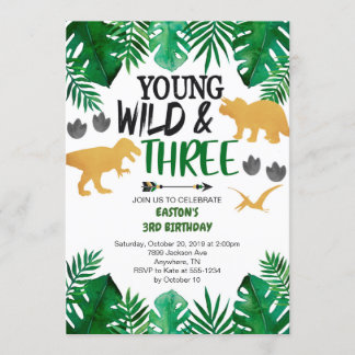 Young Wild & Three Dinosaur 3rd Birthday Invitatio Kaart