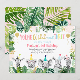Young Wild & Three Girl Safari Invitation Annivers
