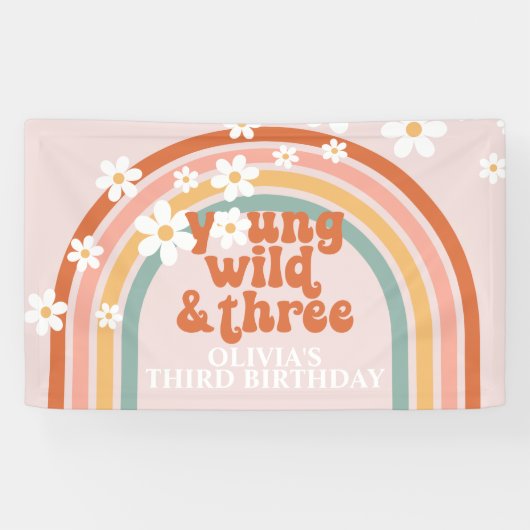 Young Wild Three Groovy Rainbow Daisy Birthday Spandoek (Horizontaal)