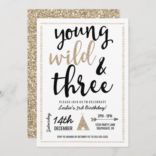 Young Wild & Three Invitation - Black & Gold Kaart (Voorkant / Achterkant)