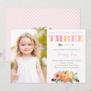 Young Wild & Three Pumpkin Girl 3rd Birthday Party Kaart