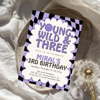 Young Wild & Three Purple Retro Girl 3rd Birthday Kaart