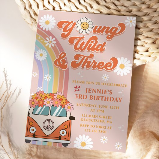 Young Wild Three Retro Rainbow 3rd Birthday Kaart