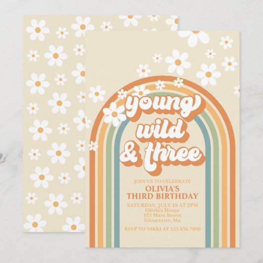 Young Wild Three Retro Rainbow Daisy Birthday Kaart (Voorkant / Achterkant)