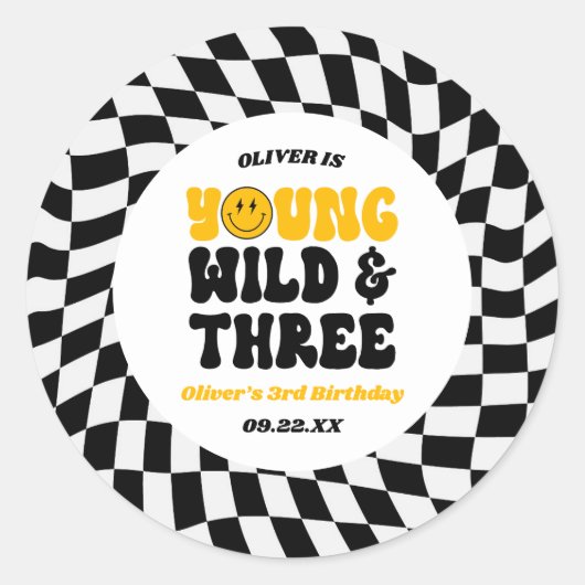 Young Wild & Three Retro Third 3rd Birthday Party Ronde Sticker (Voorkant)