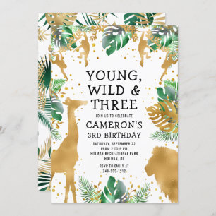 Young Wild Three Safari Gold Green 3rd Birthday Kaart