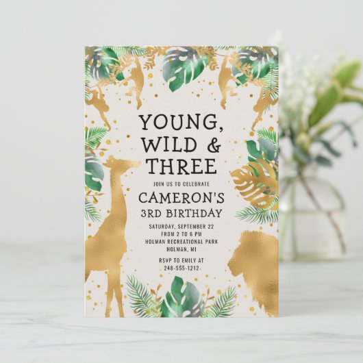 Young Wild Three Safari Green Ecru 3rd Birthday Kaart (Staand voorkant)