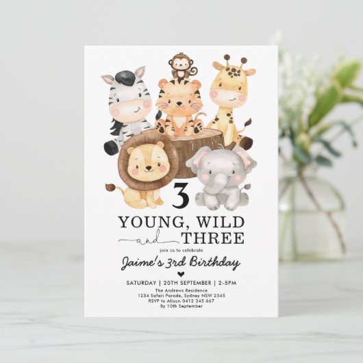 Young Wild & Three Safari Oerwoud 3rd Birthday Kaart (Staand voorkant)