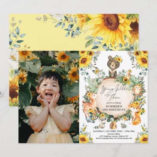 Young Wild & Three Sunflower Woodland Birthday Kaart (Voorkant / Achterkant)