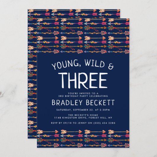 Young, Wild & Three Tribal Boho Arrows Birthday Kaart (Voorkant / Achterkant)
