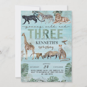 Young Wild & Three Zoo Animal Birthday Invitation Kaart