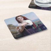 Young Woman Shepherdess, Bouguereau Vierkante Kartonnen Onderzetter (Schuin)