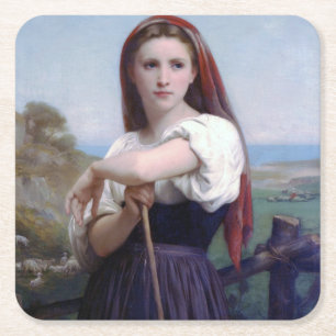 Young Woman Shepherdess, Bouguereau Vierkante Kartonnen Onderzetter